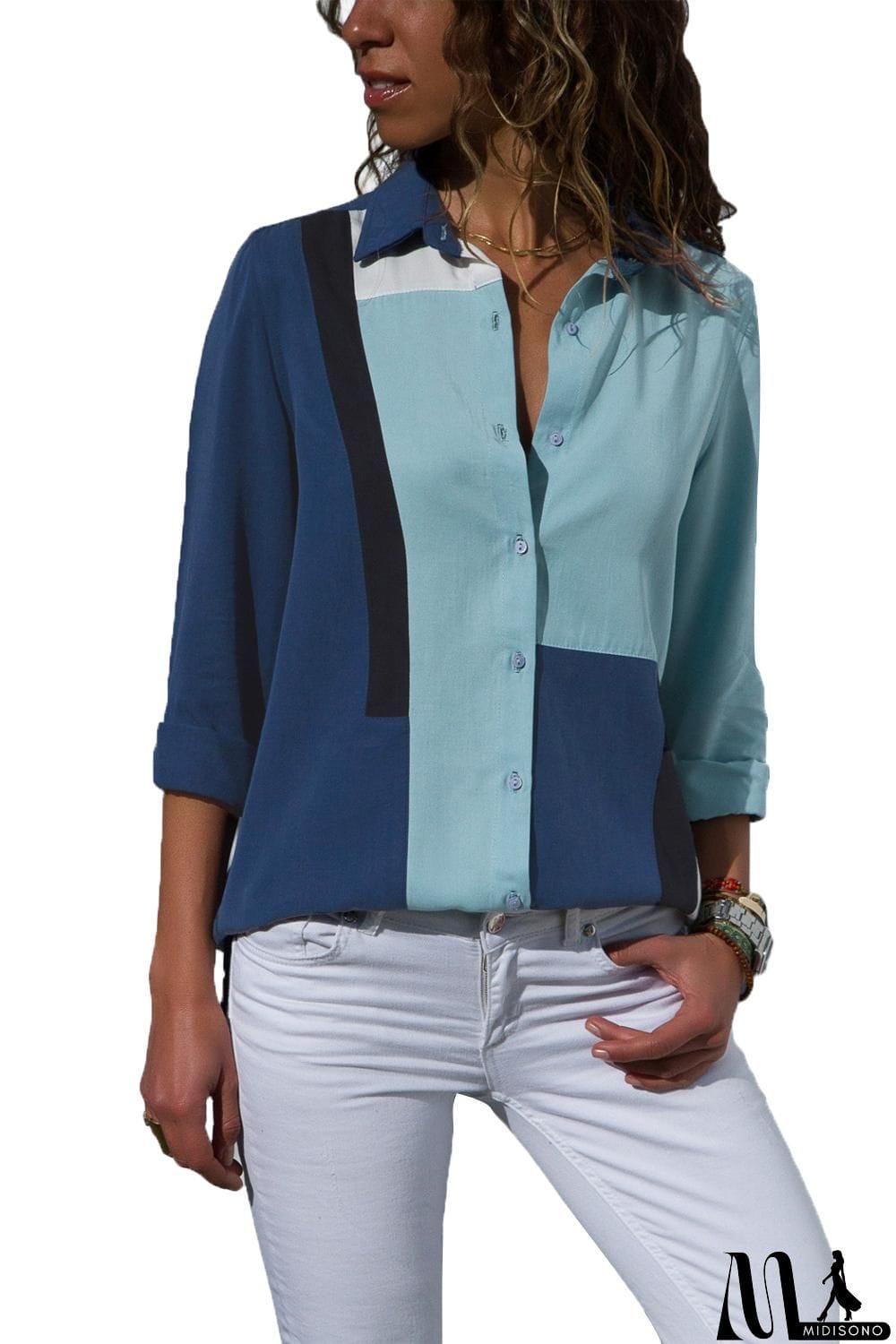 MidiSono - Navy Blue Color Block Long Sleeve Button Up Shirt