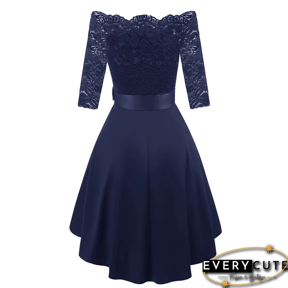 Navy Blue Off Shoulder Half Sleeve Lace Prom Dress
