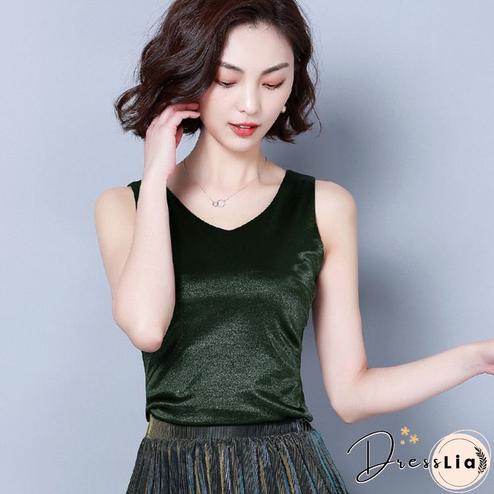 Christmas Gift Top women Summer V Neck Chiffon Vest Sleeveless Casual Blusas Tank Tops Silk Patchwork T Shirt Bottom Camisole New White