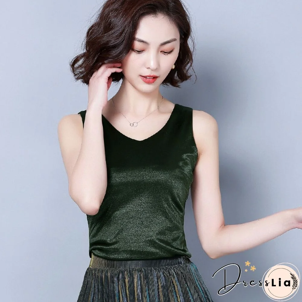 Christmas Gift Top women Summer V Neck Chiffon Vest Sleeveless Casual Blusas Tank Tops Silk Patchwork T Shirt Bottom Camisole New White