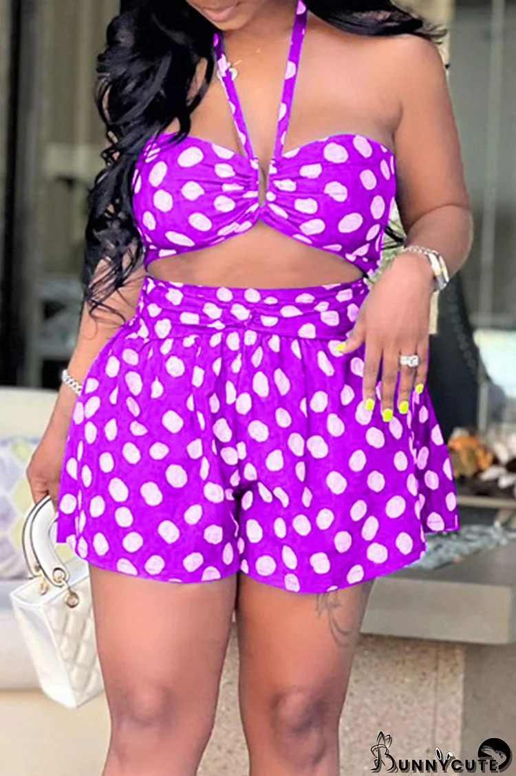 Purple Sexy Print Polka Dot Split Joint Halter Sleeveless Two Pieces