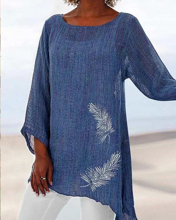 Blue Feather Printed Round Neck Long Sleeve Casual Blouse