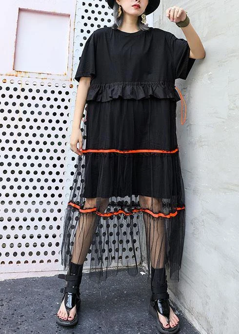 Style black cotton tunic dress patchwork tulle Dresses ruffles Dress