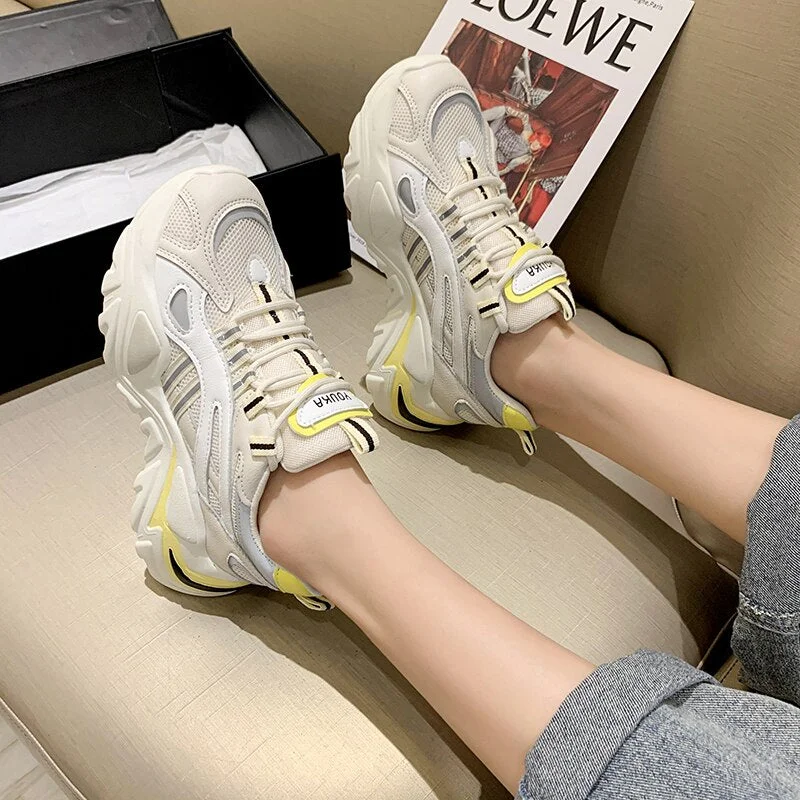 Women White Shoes Breathable Comfortable Light Weight Sneakers 2021 Platform Shoes Fashion Chunky Spring Autumn Lace Up