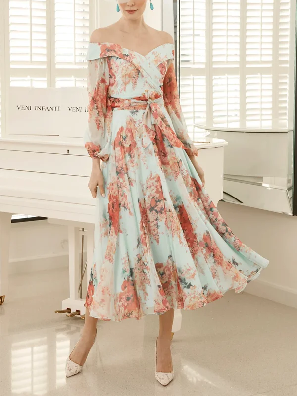 V-Neck Long-Sleeved Tie-Print Midi Dress