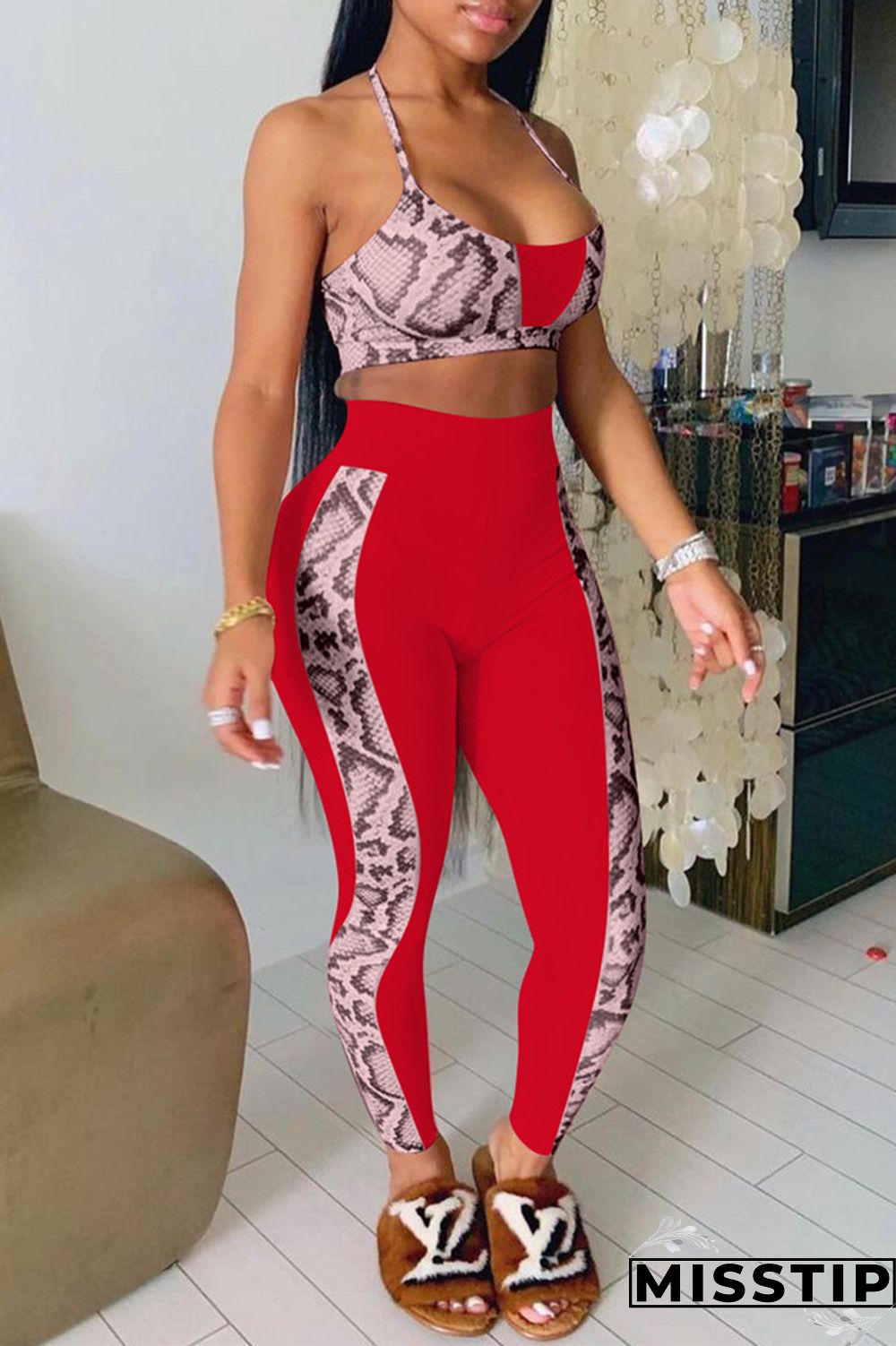 Pink Fashion Sexy Print Patchwork Backless Halter Sleeveless Two Pieces