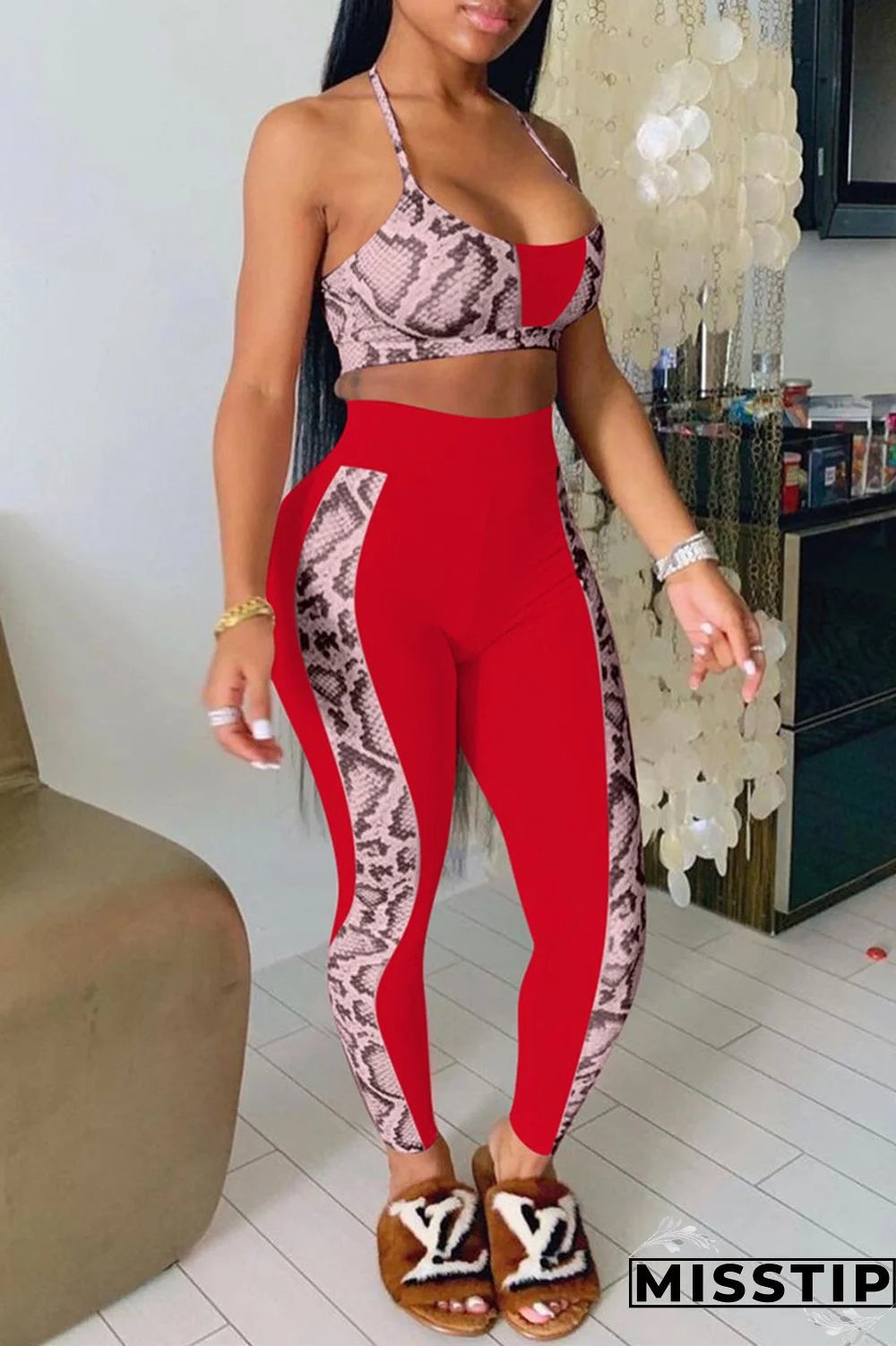 Pink Fashion Sexy Print Patchwork Backless Halter Sleeveless Two Pieces