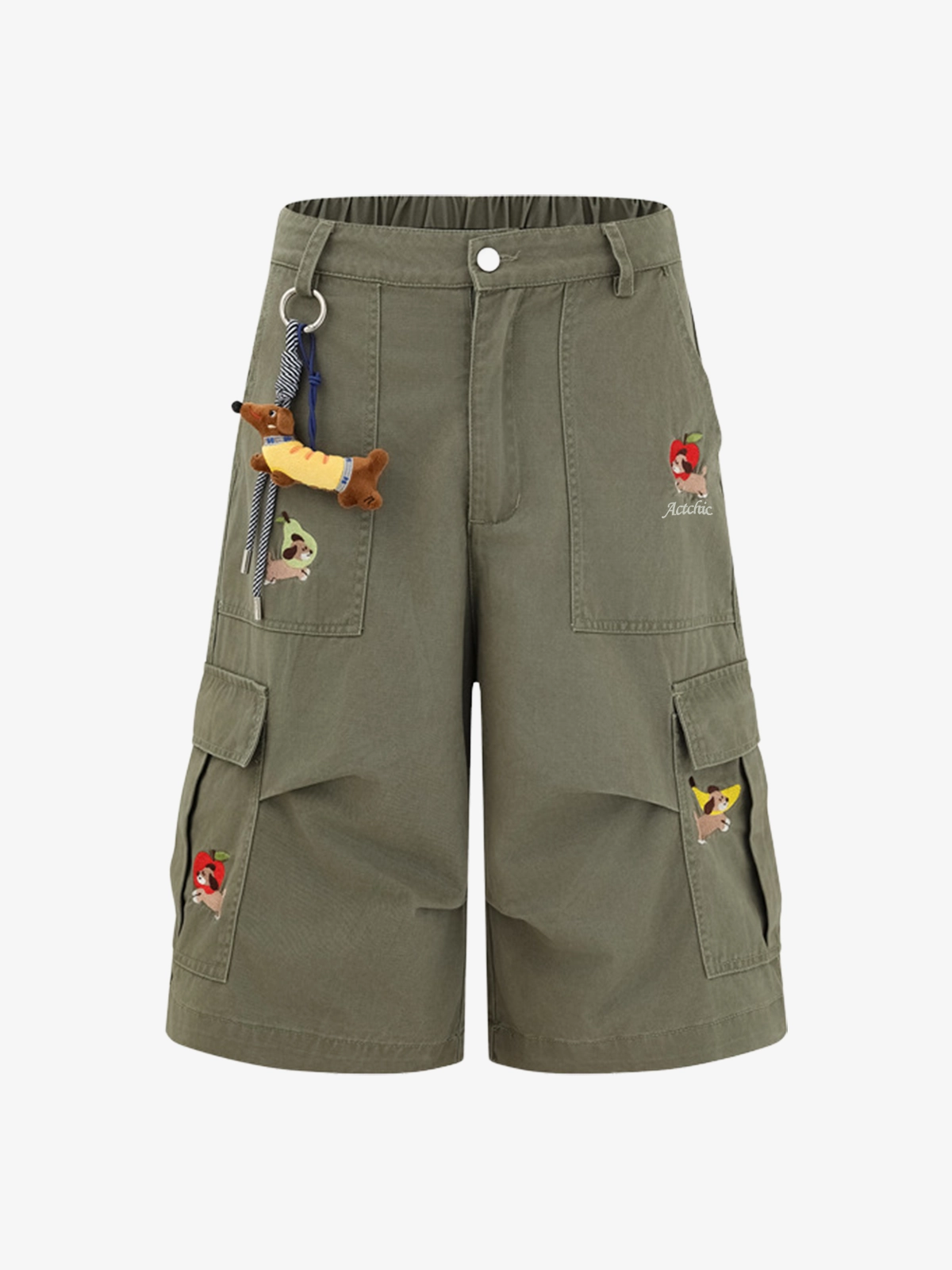 Green Act Chic Dachshund Charm Embroidered Longline Jorts Front