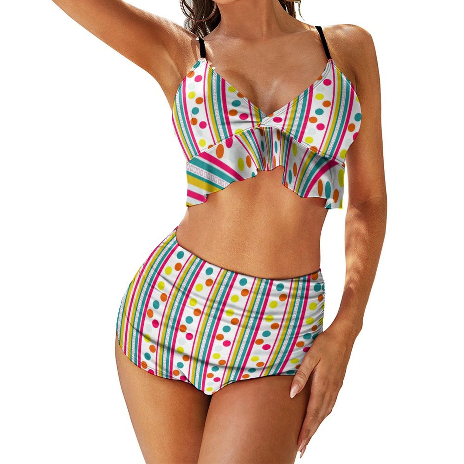 Women's Stripes Polka Dots High Waisted Pleated Ruffle Bikini Sets