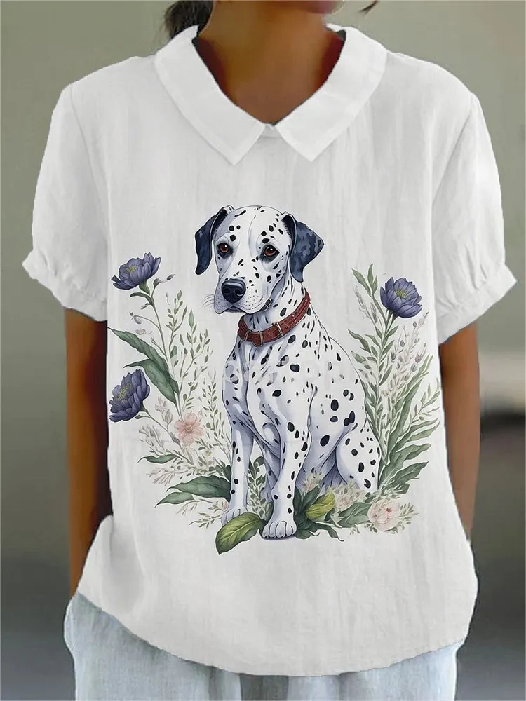 Womens Funny Dog Flower Print Casual Cotton And Linen Shirt