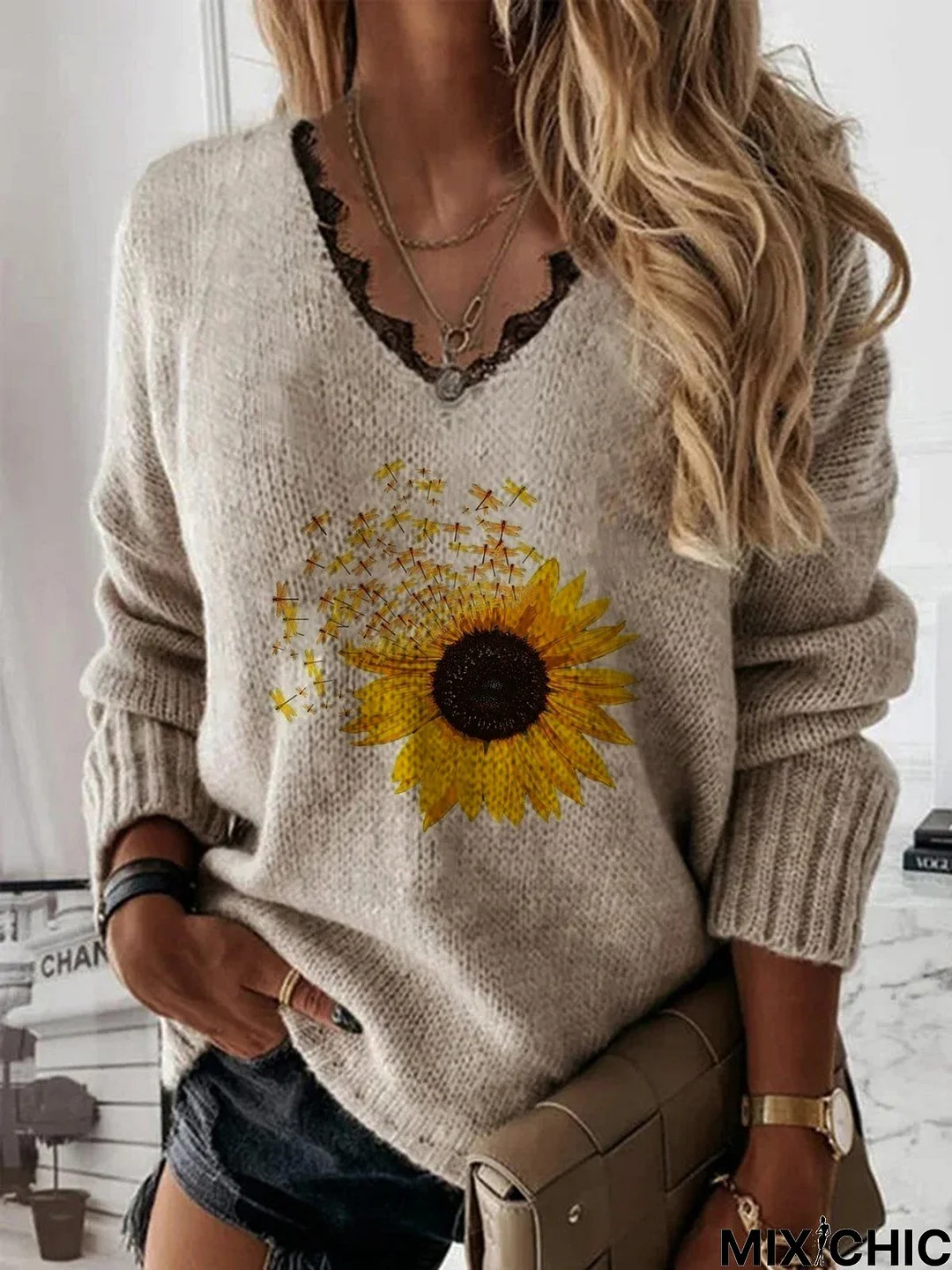 Casual Sunflower Lace V Neck Loose Tunic Sweater Knit Jumper