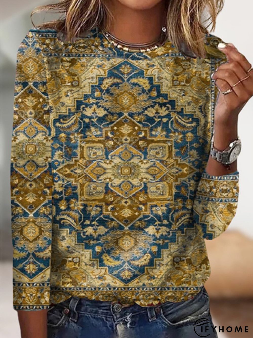 Casual Ethnic Long Sleeve Crew Neck T-Shirt | IFYHOME