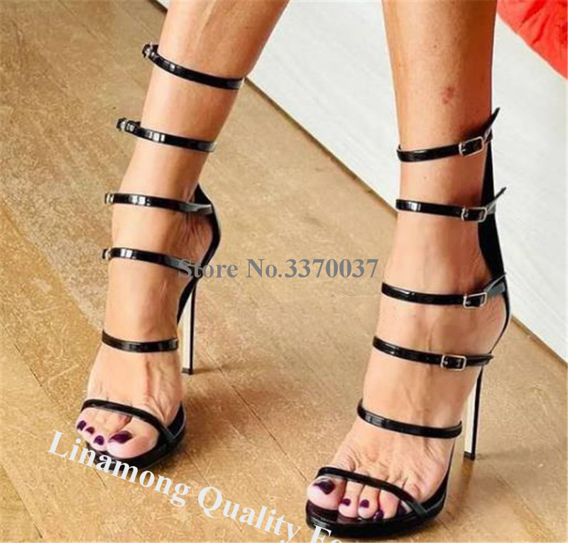 VCSHOES Thin Straps Stiletto Heel Gladiator Sandals Open Toe Black Gold Patent Leather Buckles Decorated High Heels