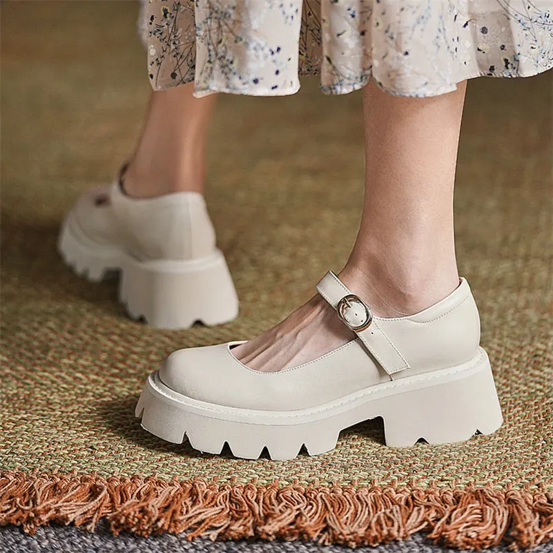 Meotina Mary Janes Shoes Women Natural Genuine Leather Platform High Heels Buckle Strap Thick Heel Ladies Footwear Spring Beige