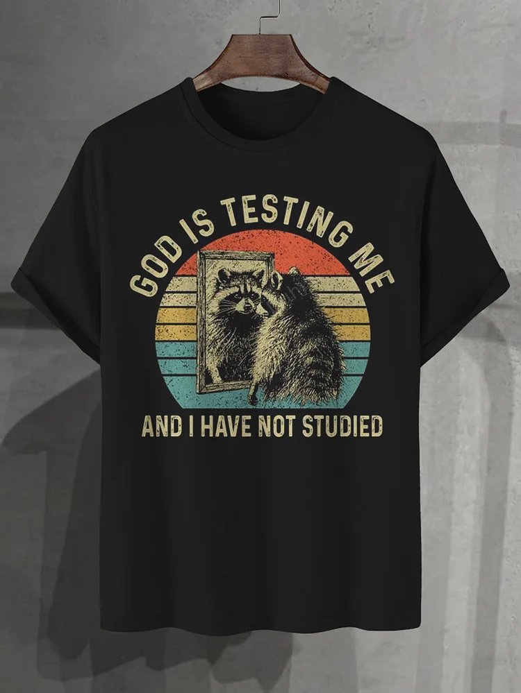 100% Cotton Men's Raccoon Look into the Mirror Print Cotton Casual T-Shirt