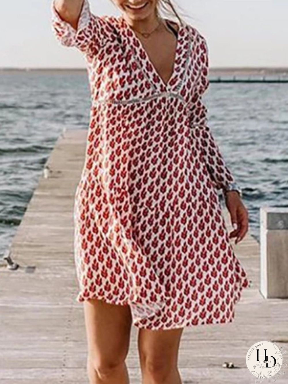 Stunning V-Neck 3/4 Sleeve Printed Mini Dress P15651