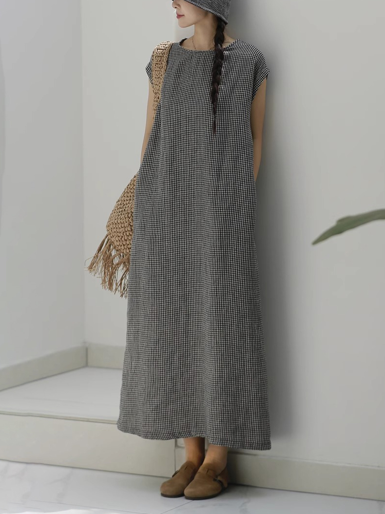 Plaid Pattern Sleeveless Loose Linen Maxi Dress