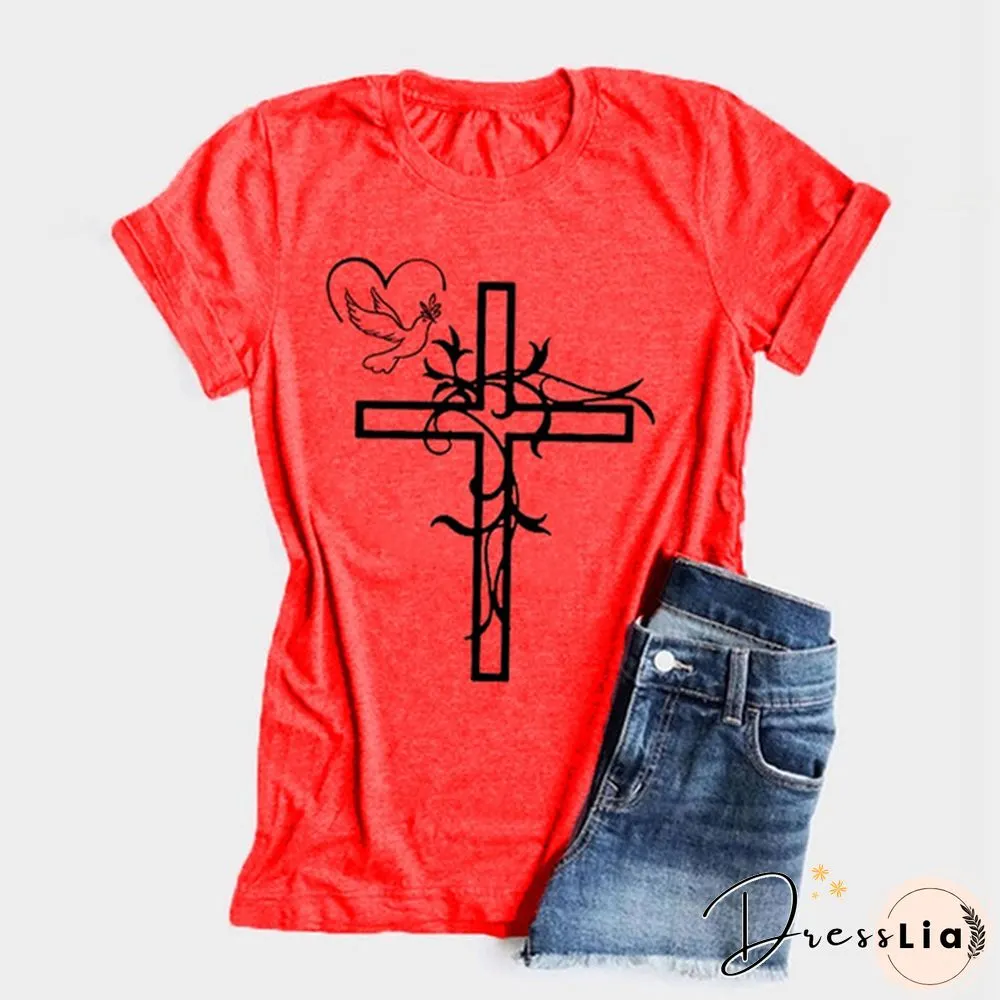 Womens Crew Neck Tees Shirts Summer Tops Christian Solid Color Graphic Tshirts God Faith