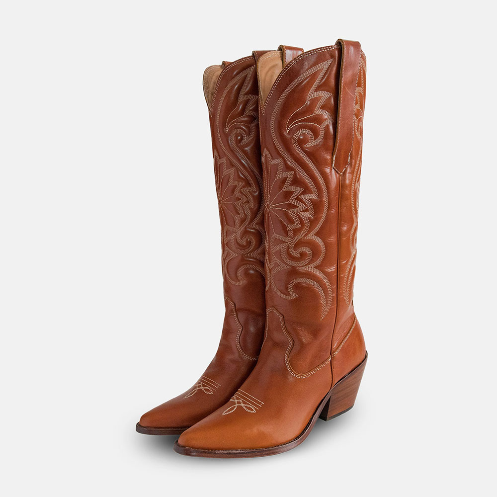 Vintage Brown Embroidered Chunky Heel Knee High Cowgirl Boots