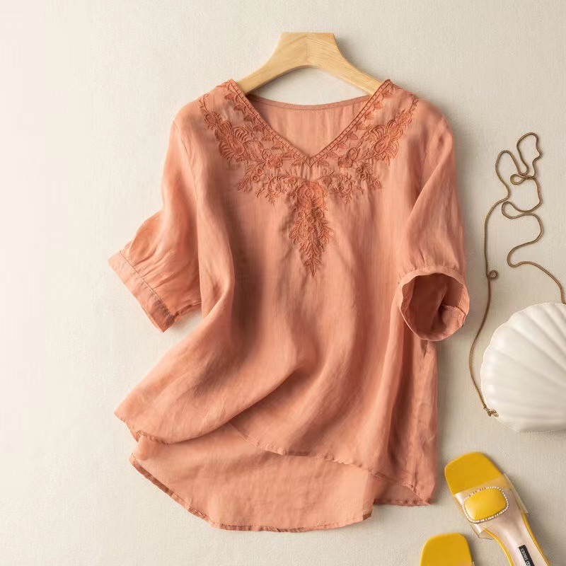 Arkget Shoes | Women's Blouse Cotton Linen Short-sleeved T-shirt V-neck Shirt