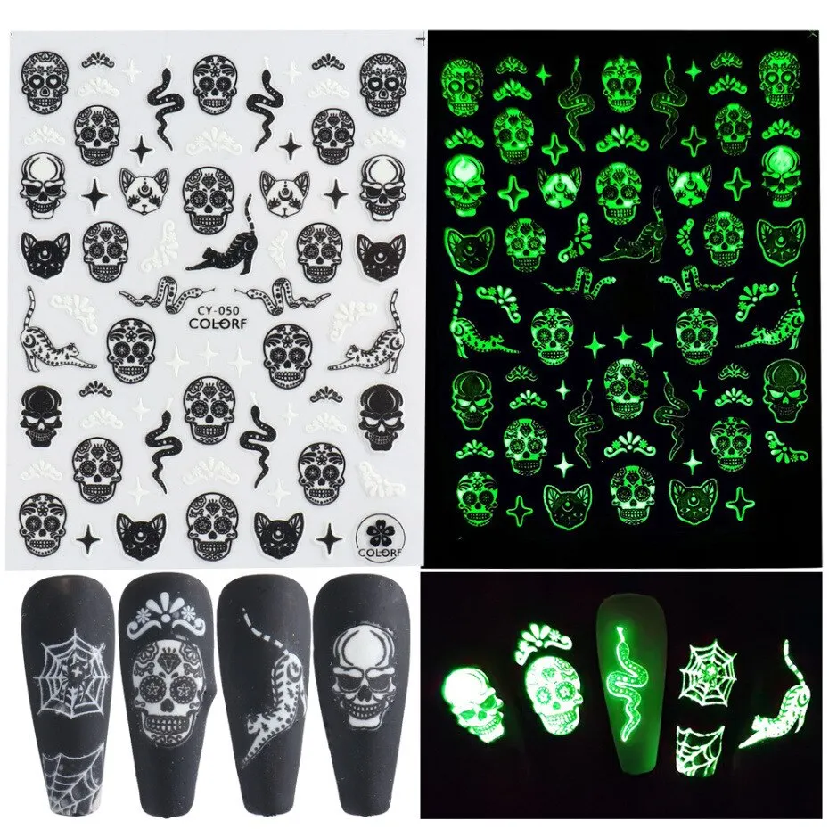 Nail Stickers Back Glue Fluorescent Light Halloween Pumpkin Imp Smiley Designs Nail Decal Decoration Tips For Beauty Salons-Nail Inspo