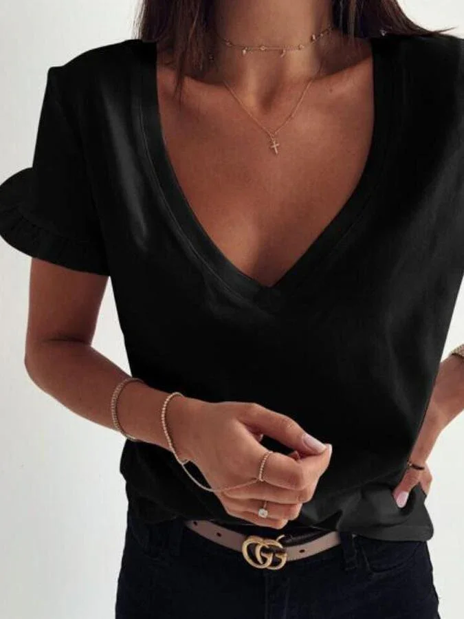 Simple Solid V-Neck Ruffle Short Sleeve T-Shirts