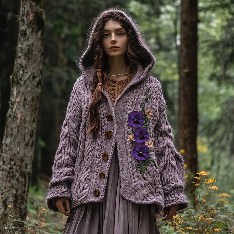 Women's Vintage Purple Pansy Embroidery Chunky Knit Hooded Cardigan