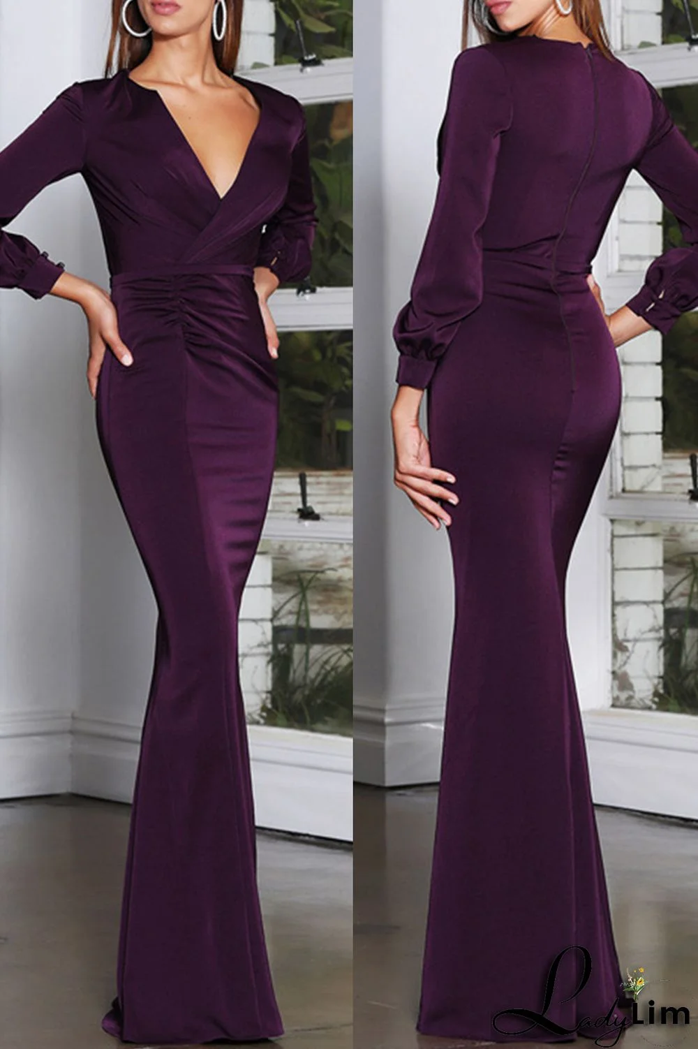 Burgundy Fashion Sexy Solid Basic V Neck Long Sleeve Evening Dress