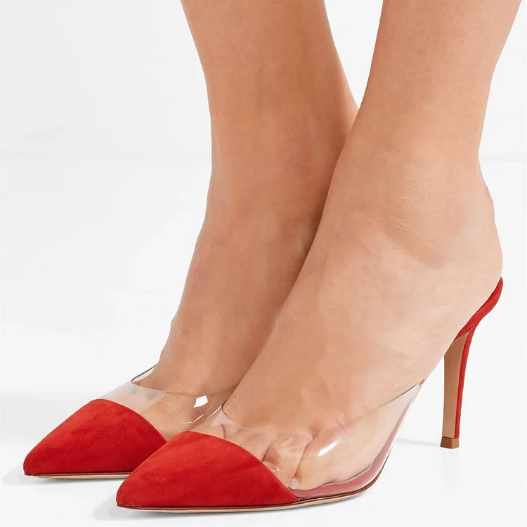 Transparent Heels Mule Red Vegan Suede 3 Inch Heels Stilettos Heels |FSJ Shoes