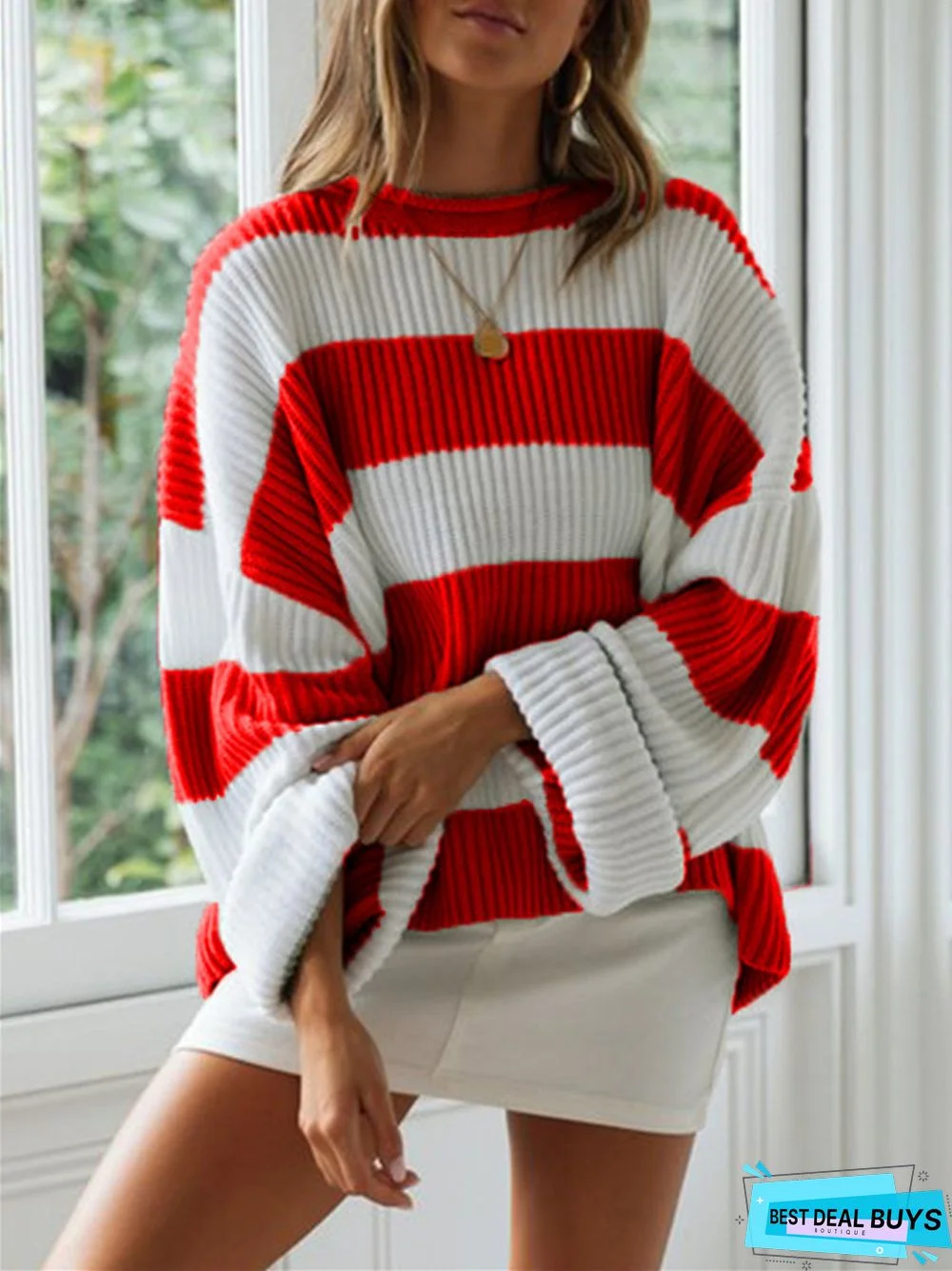 Round Neck Stripe Color Matching Knit Sweater
