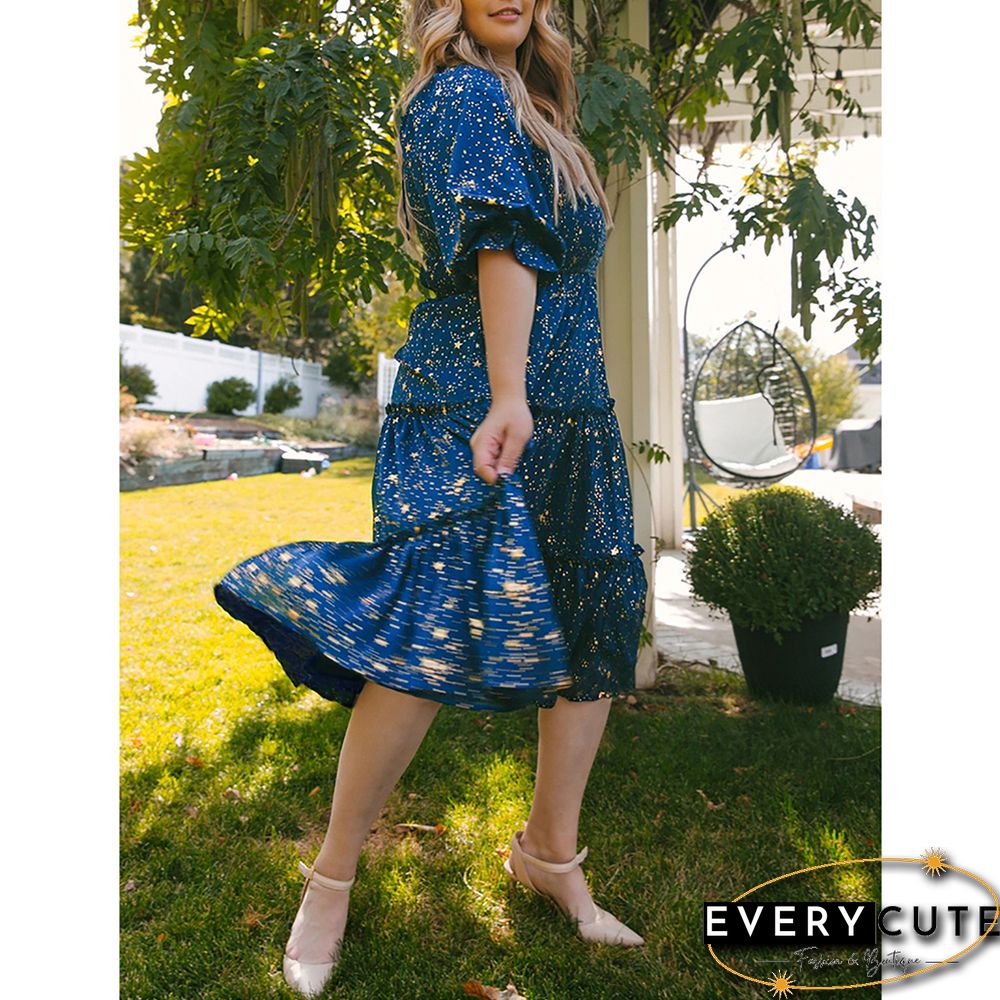 Navy Blue Square Collar Pleated 1/2 Sleeve Floral Dress