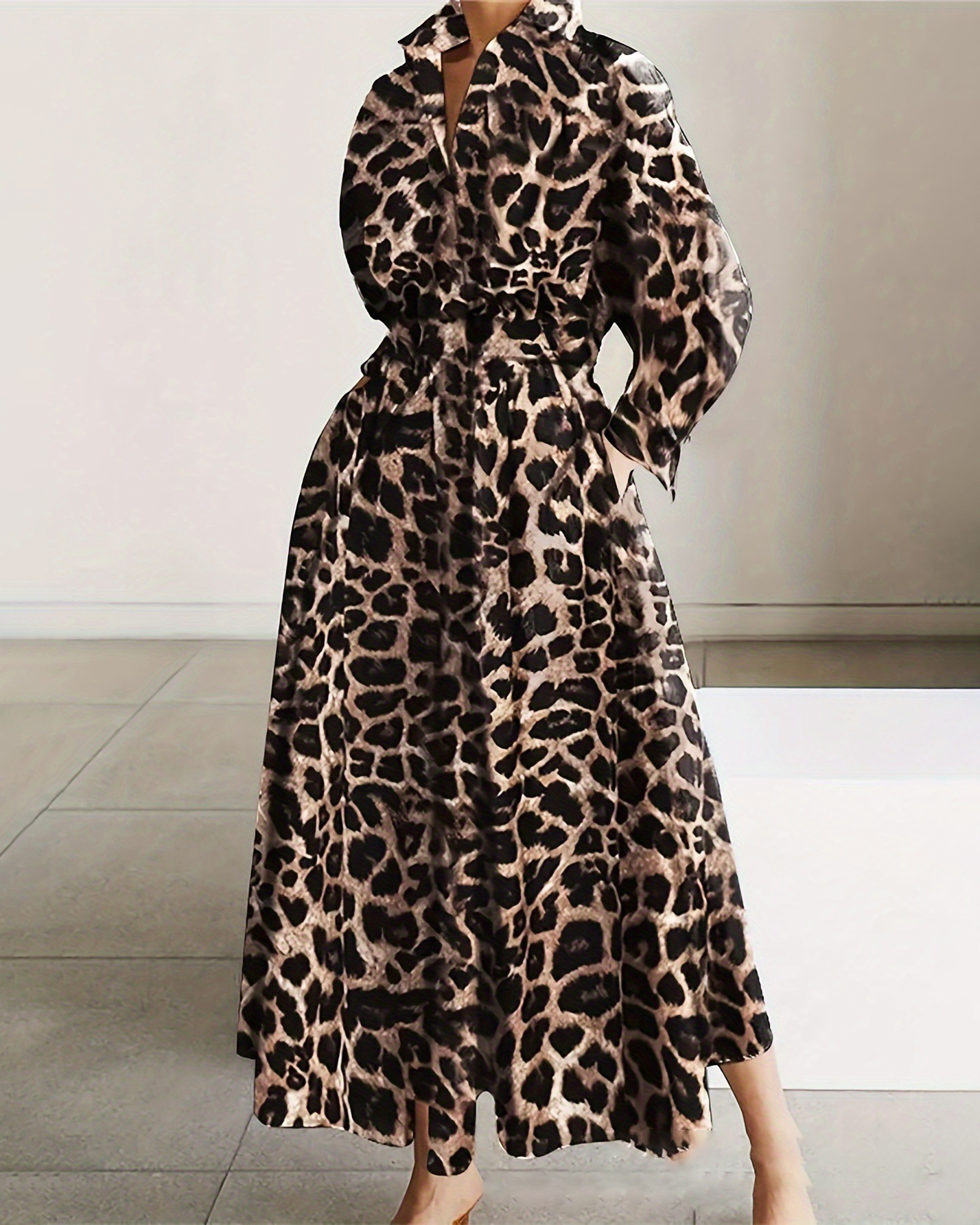 Leopard Print Long Sleeve Button Down Front Side Pockets Shirt Dress