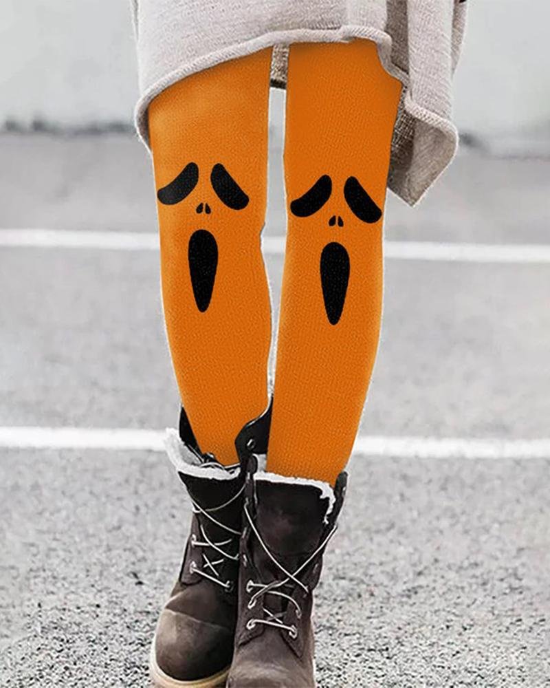 Women's Halloween Ghost Face Print Stretch Leggings