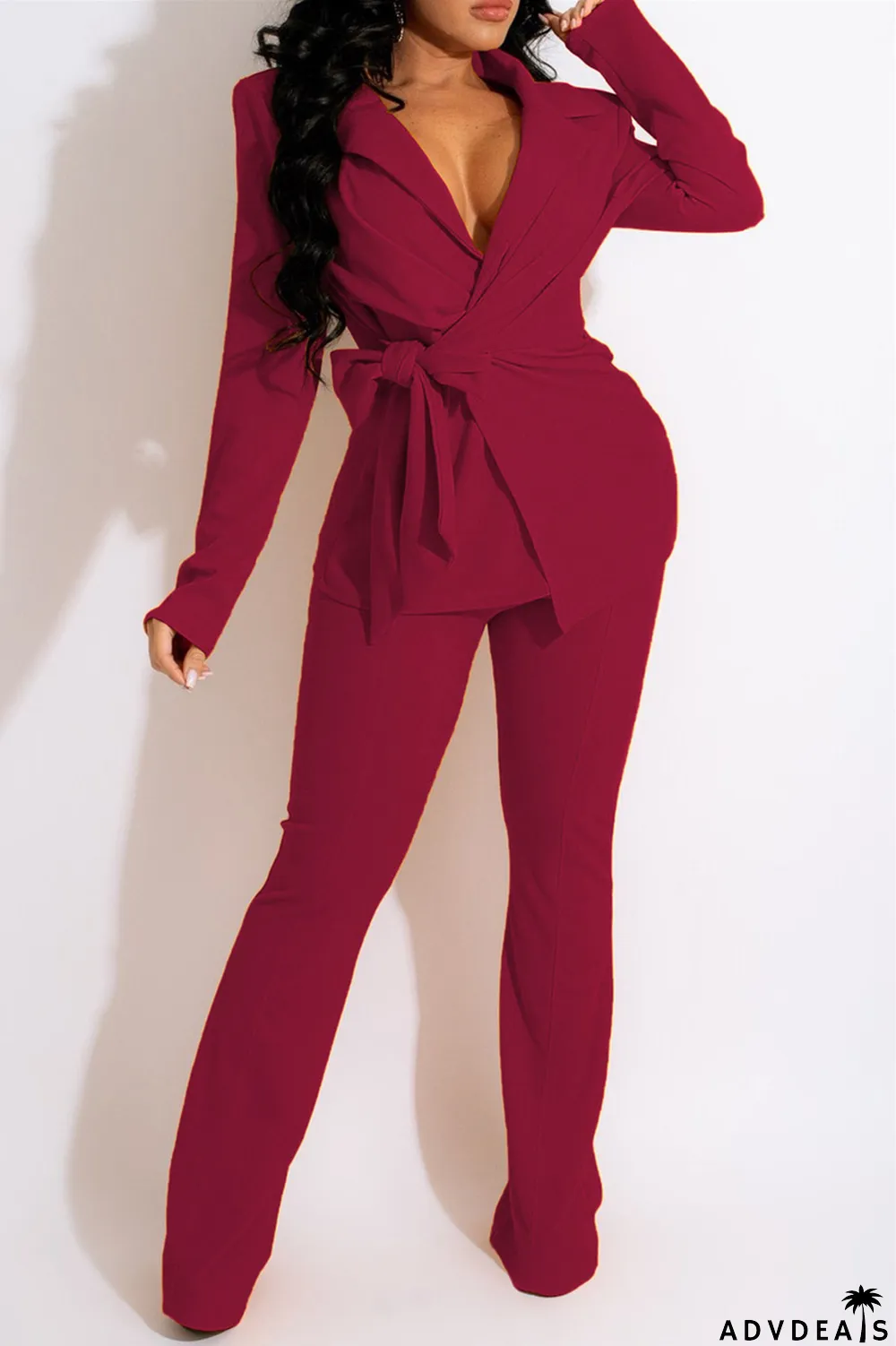 Purple Fashion Casual Solid Bandage Turndown Collar Long Sleeve Two Pieces