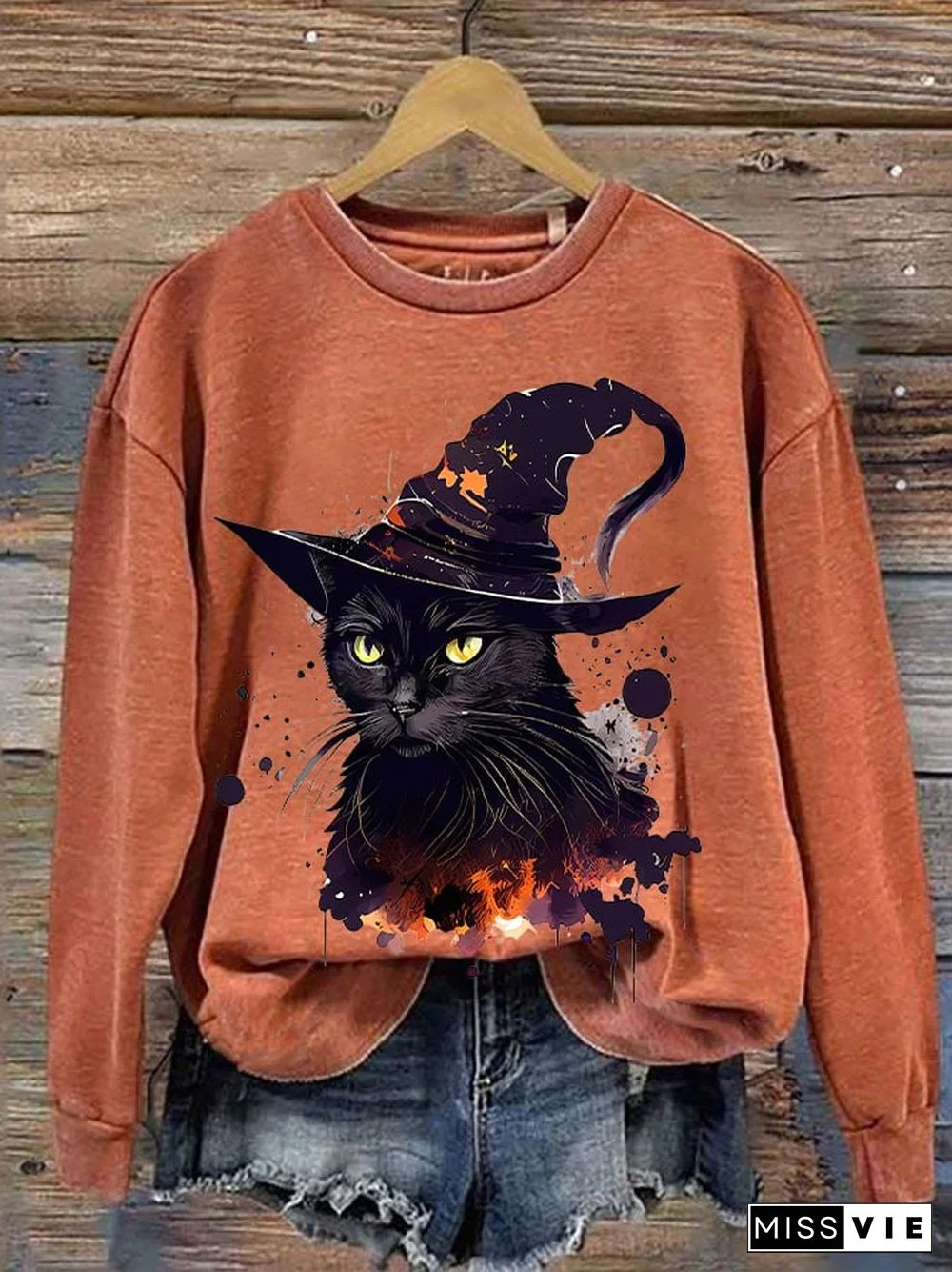 Women's Halloween Witches Cat Print Sweatshirt
