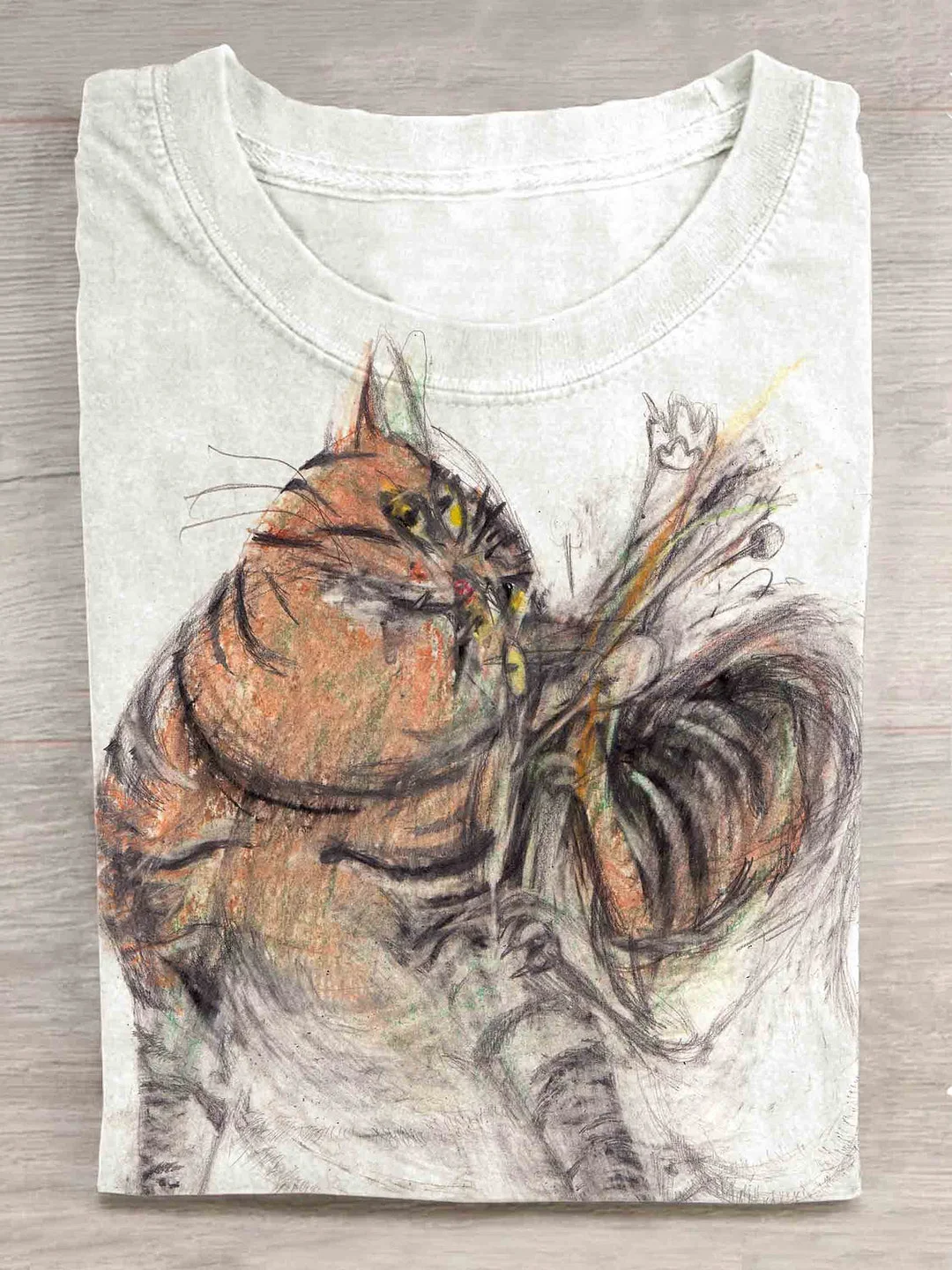 Vintage Cut Cat Print Casual T-Shirt