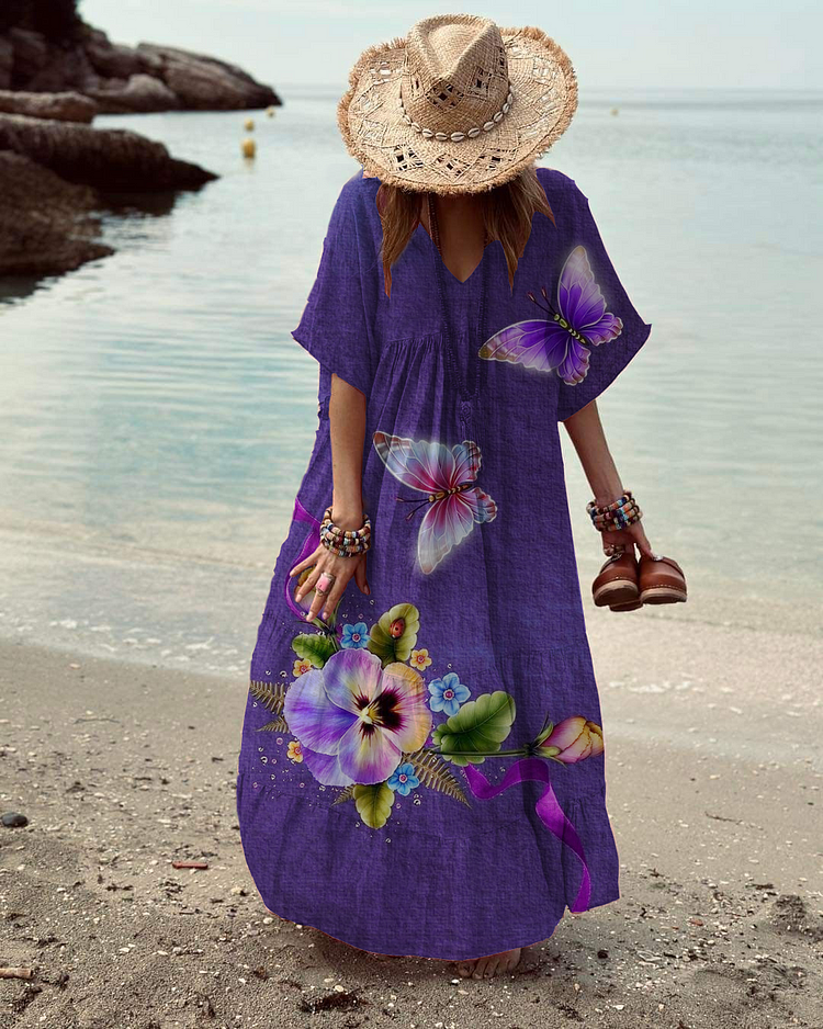 Women's V-Neck Purple Butterfly Floral Print Beach Dress socialshop