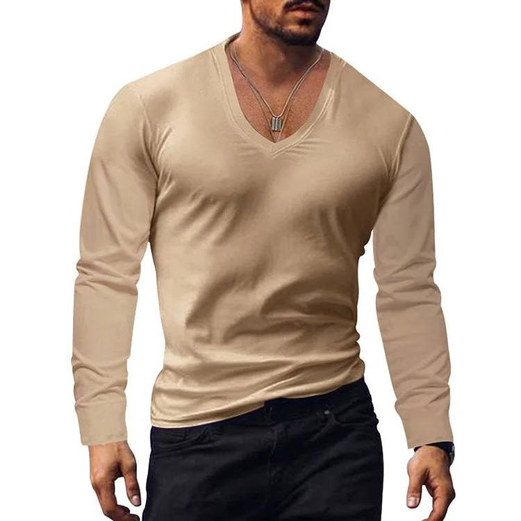 Men's Casual Solid Color V-neck Long-sleeved T-shirt 08047321X