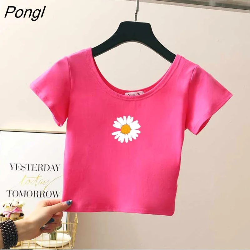 Pongl Colors Print Crop Top Women T-shirt Cropped Slim High Waist Short Sleeve Basic Summer Clothes Tops Woman Free Shipping Tee