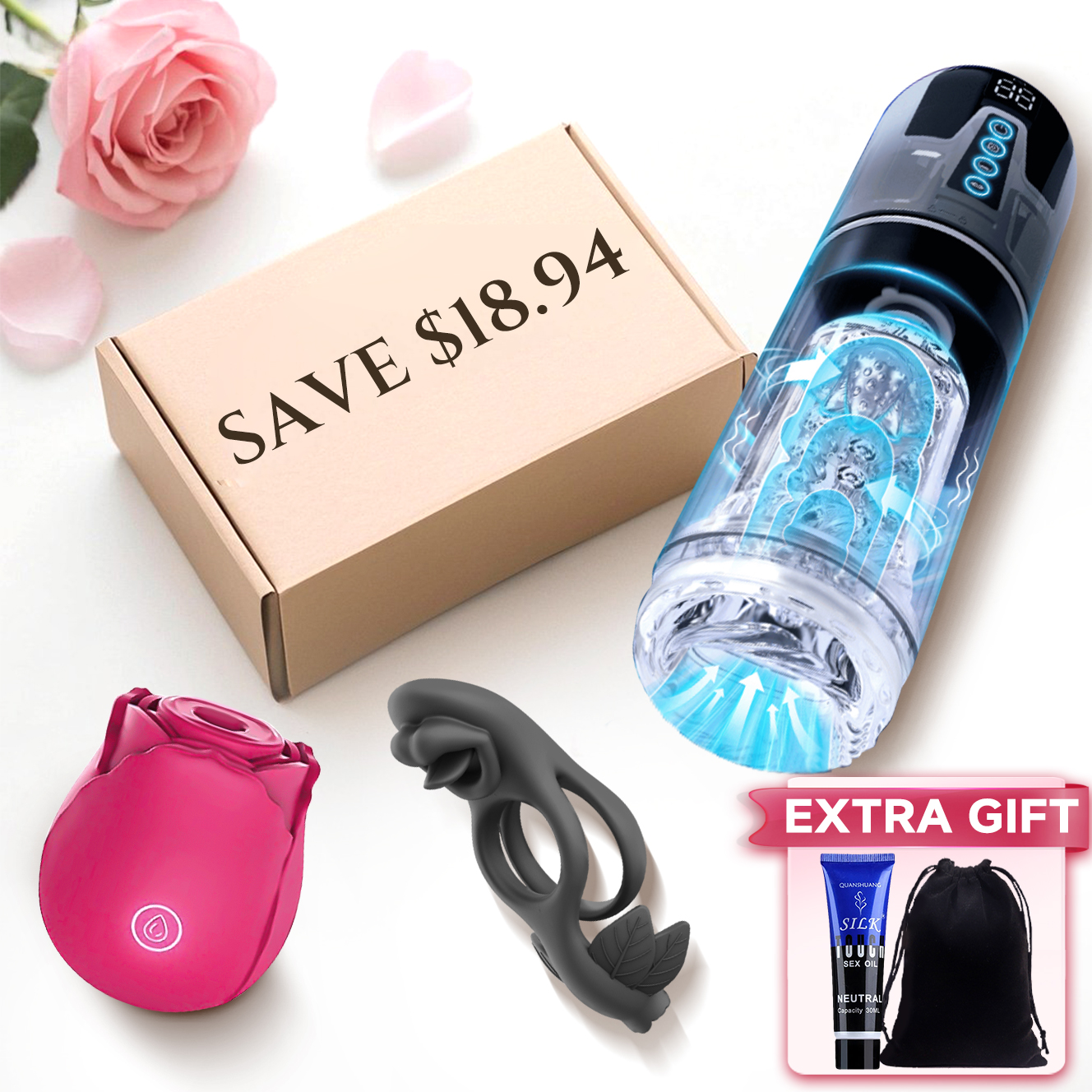 Couple Sex Toys Set - Rose Clit Sucker Male Masturbator Cock Rings & Accessory - Rose Toy