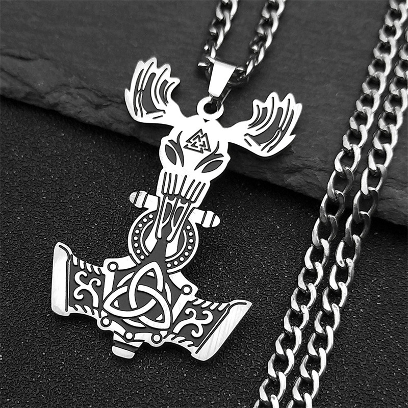 Viking Pirate Odin's Triquetra Thor's Hammer Stainless Steel Pendant Necklace
