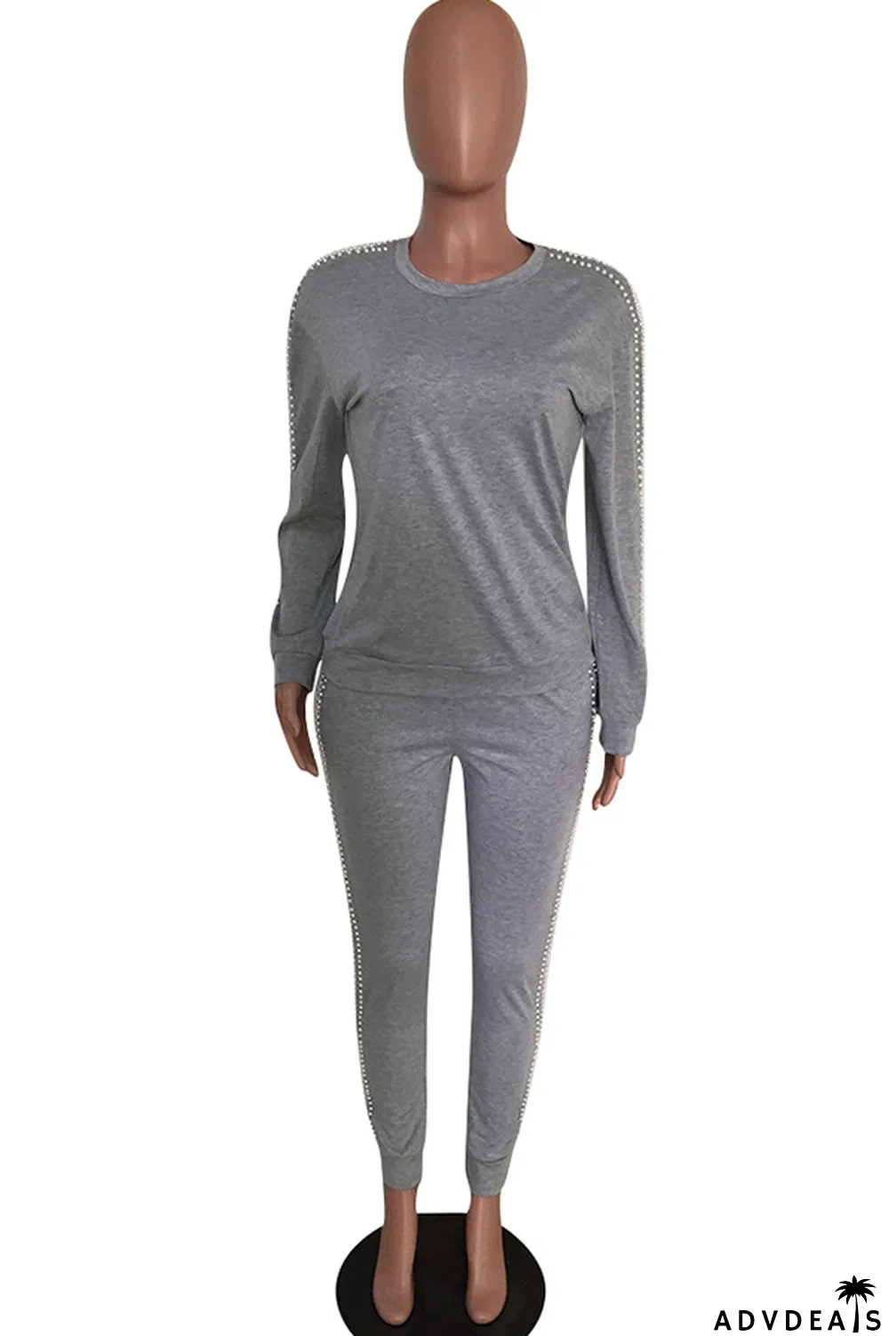 Black Casual Beading Solid Two Piece Suits Patchwork pencil Long Sleeve Two-piece Pants Set