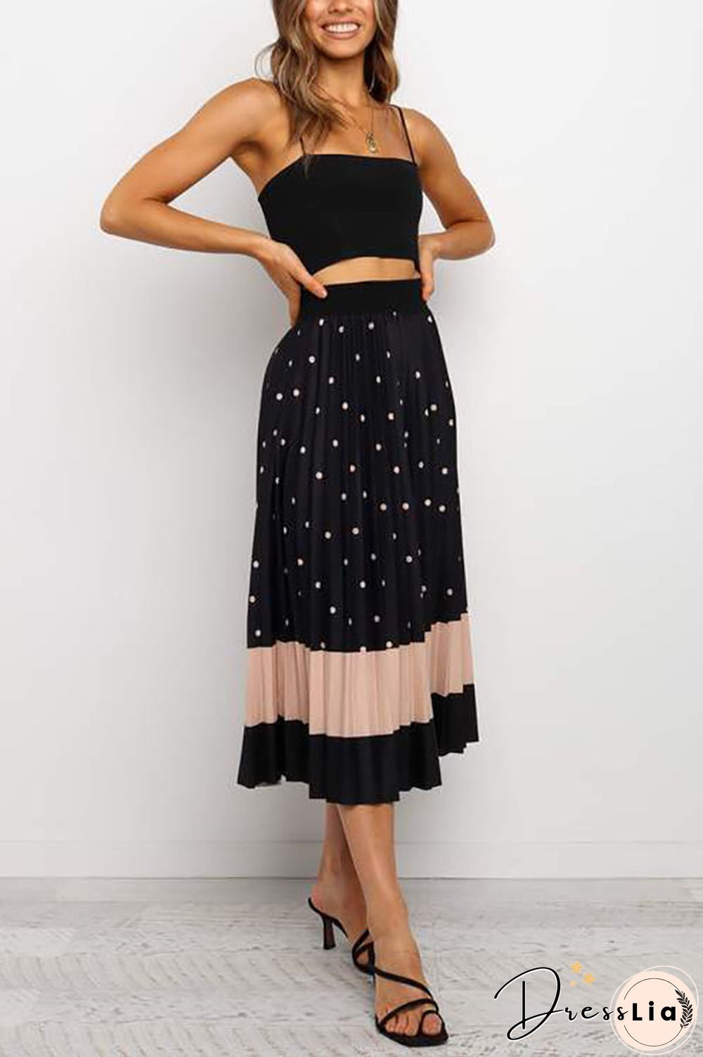 Polka Dot Color Block Pleated Midi Dress