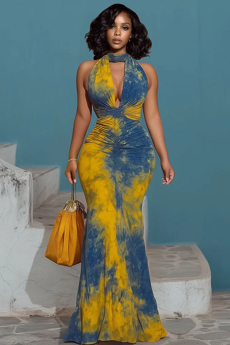 Halter V Neck Tie Dye Print Party Fishtail Maxi Dresses-Blue [Pre Order]