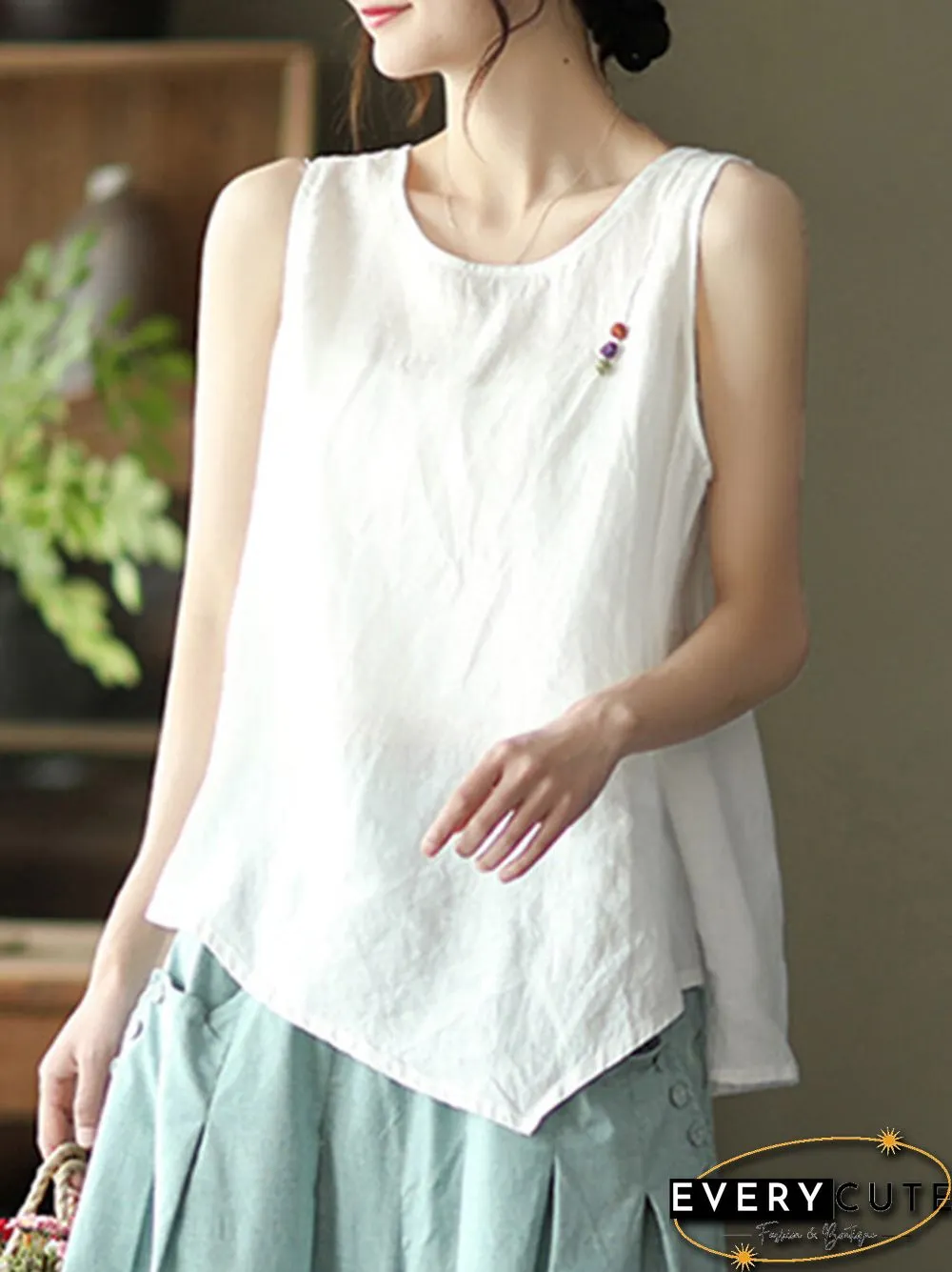 Solid Frog Sleeveless O-neck Women Vintage Tank Top