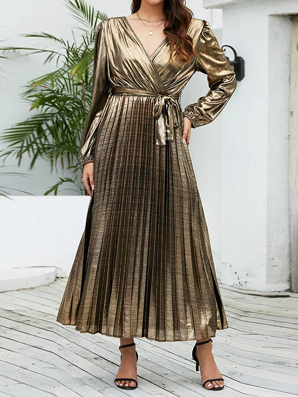High Waisted Long Sleeves Bronzing Elasticity Pleated Solid Color Tied Waist Deep V-Neck Maxi Dresses