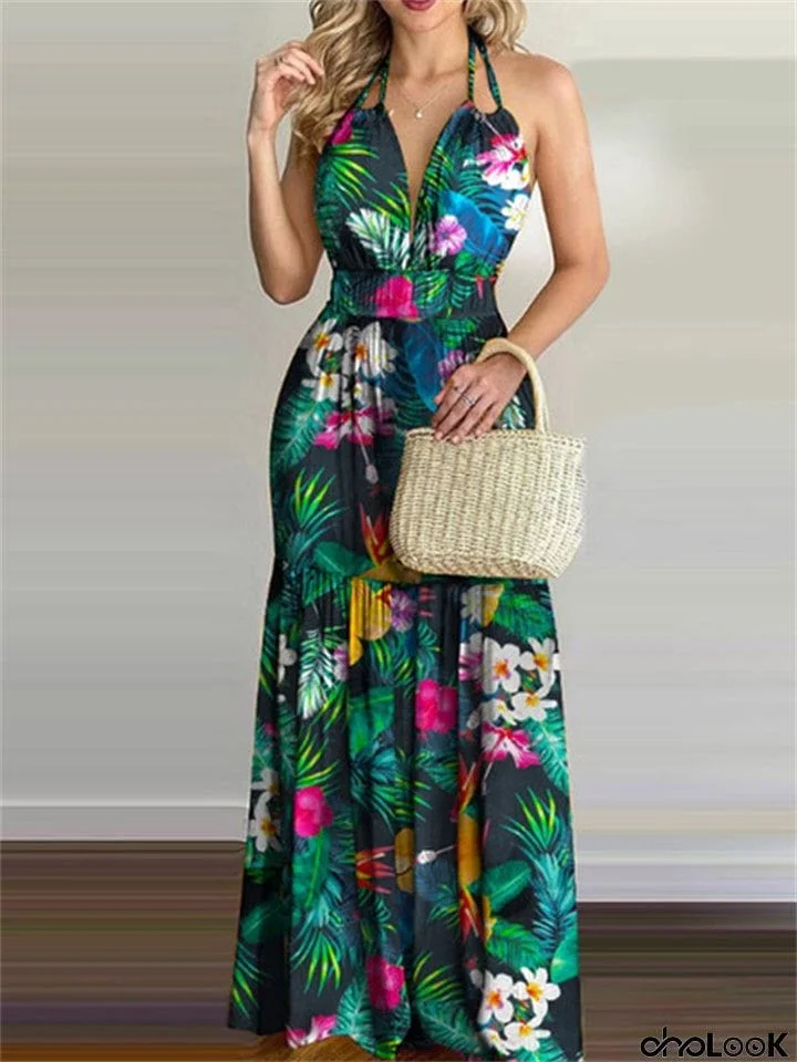 Print Backless High Waist Sleeveless Dress