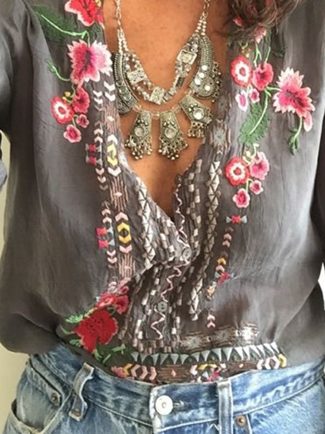 Gray Casual Floral Embroidered Cotton Blouses