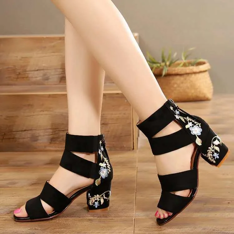 Qengg women summer shoes Ethnic Mid-heel Sandals Thick Heel Retro Open Toe Embroidered Shoes