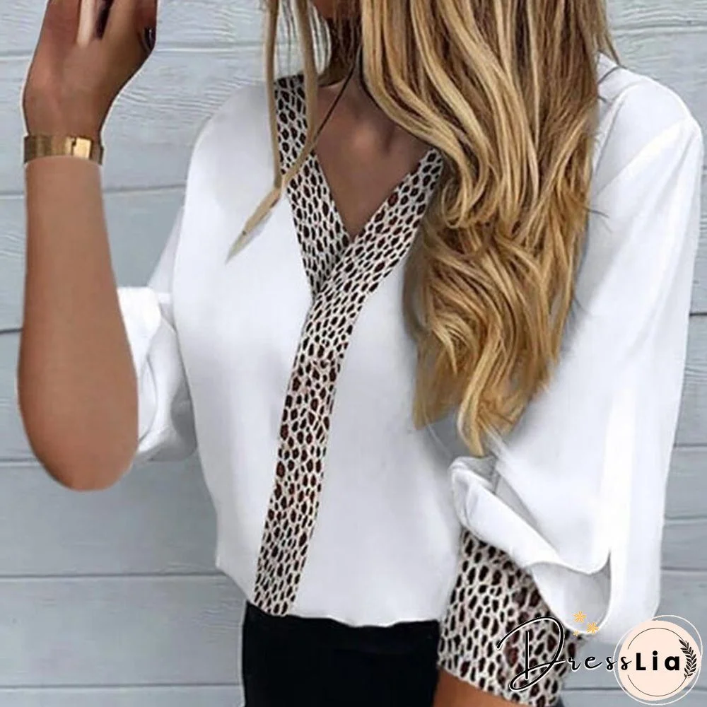 Top Casual V-Neck Hollow Lace Patchwork Long Sleeve Top Women's Workwear Shirt White Top New